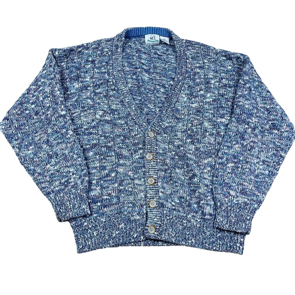 Vintage Grandpa Cardigan Sweater Men Large Blue Heavy Knit 80s 90s Cosby Heather